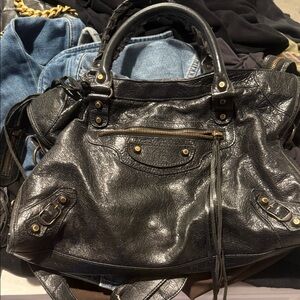 Balenciaga Black Leather Shoulder Bag with Gold Details